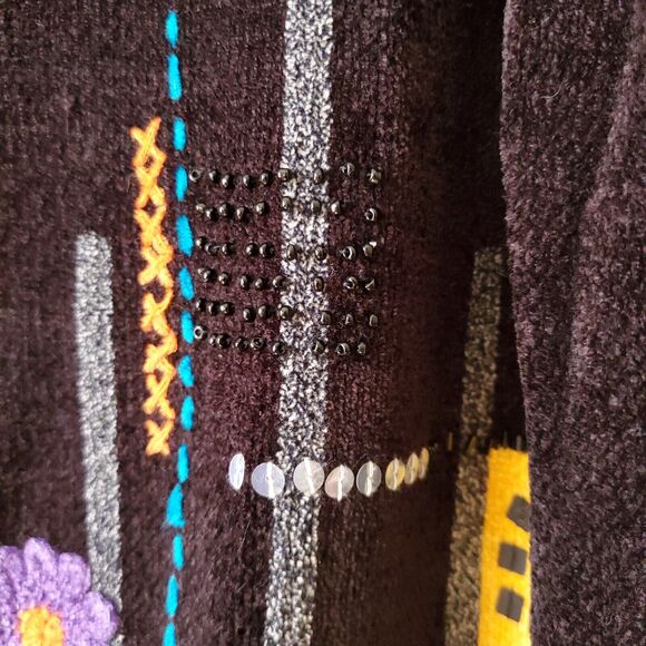 VTG 90s Black Floral Beaded Chenille Cardigan Sweater S M Artsy Cottage Granny - Picture 3 of 12